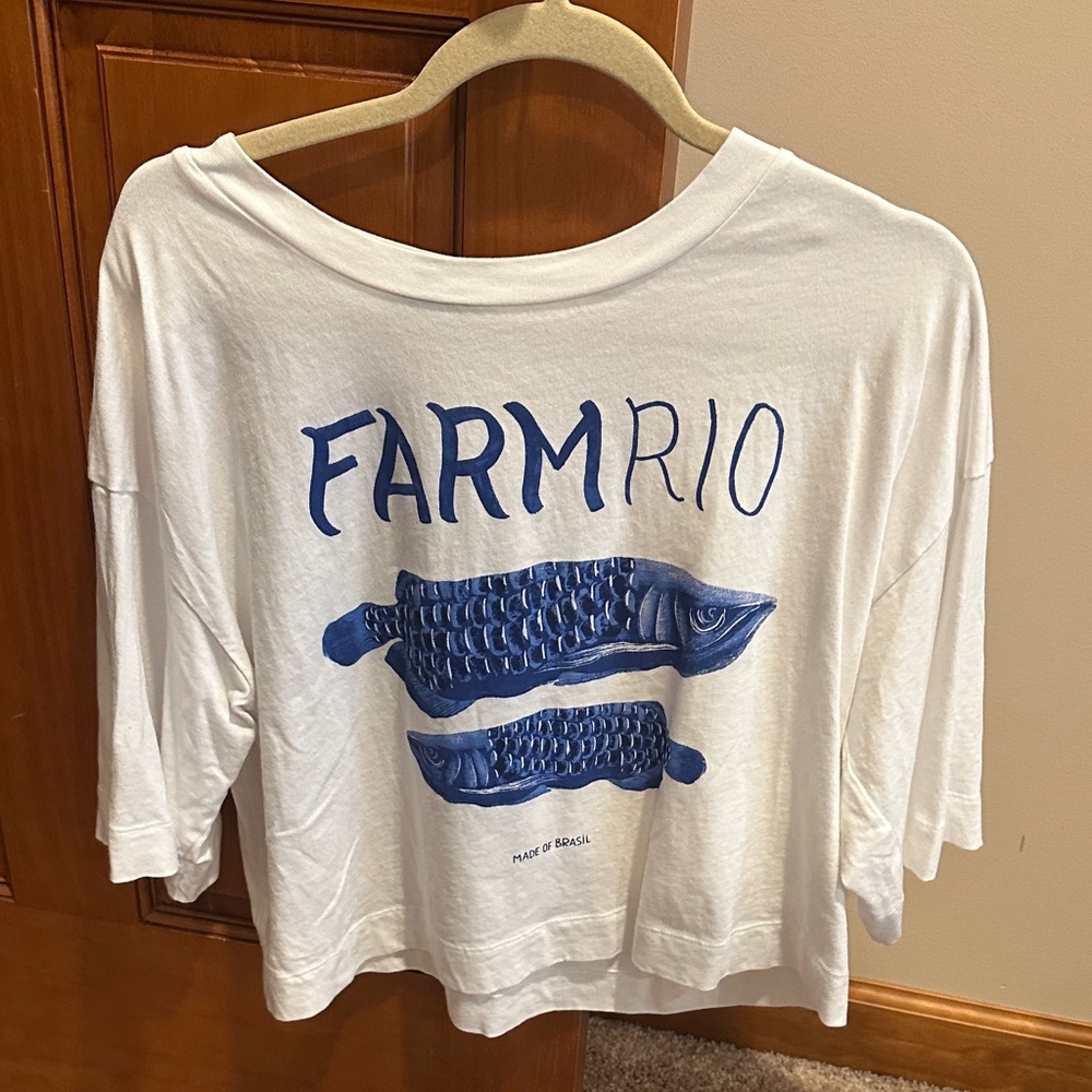 FARM Rio White Tee with Blue Fish Design